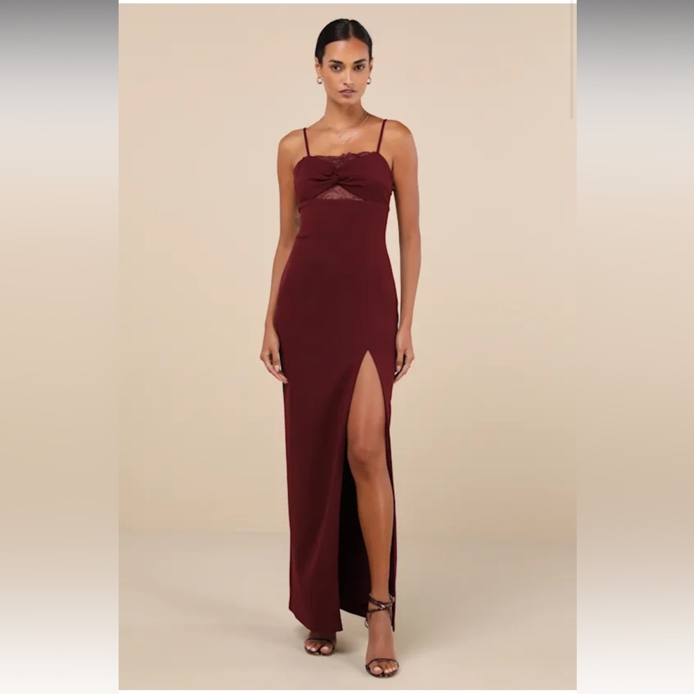 Plum lace twist front maxi dress
